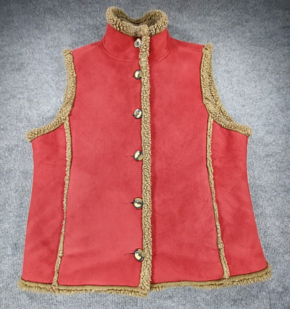 L.L. Bean Women's S Red Faux Suede Sherpa Lined Vest Full Button Gilet 0BCU3